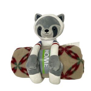HSN Warm & Cozy Gray Raccoon Plush Astronaut Stuffed Animal & Throw Blanket lot